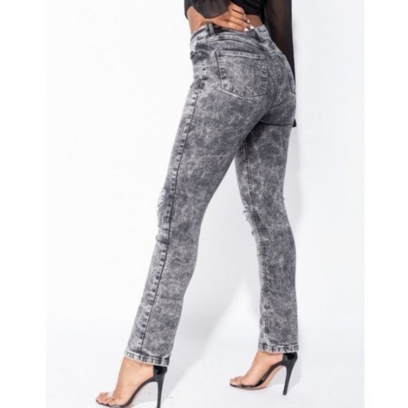 Gray Acid Wash High Waist Ripped Distressed Straight Leg Jeans Denim Pants - Picture 12 of 15